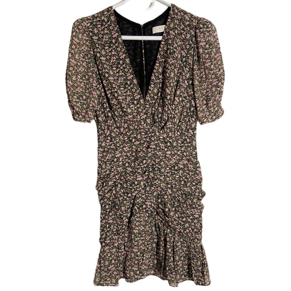 ASTR black mini dress with tiny white and pink flowers and green leaves, size XS